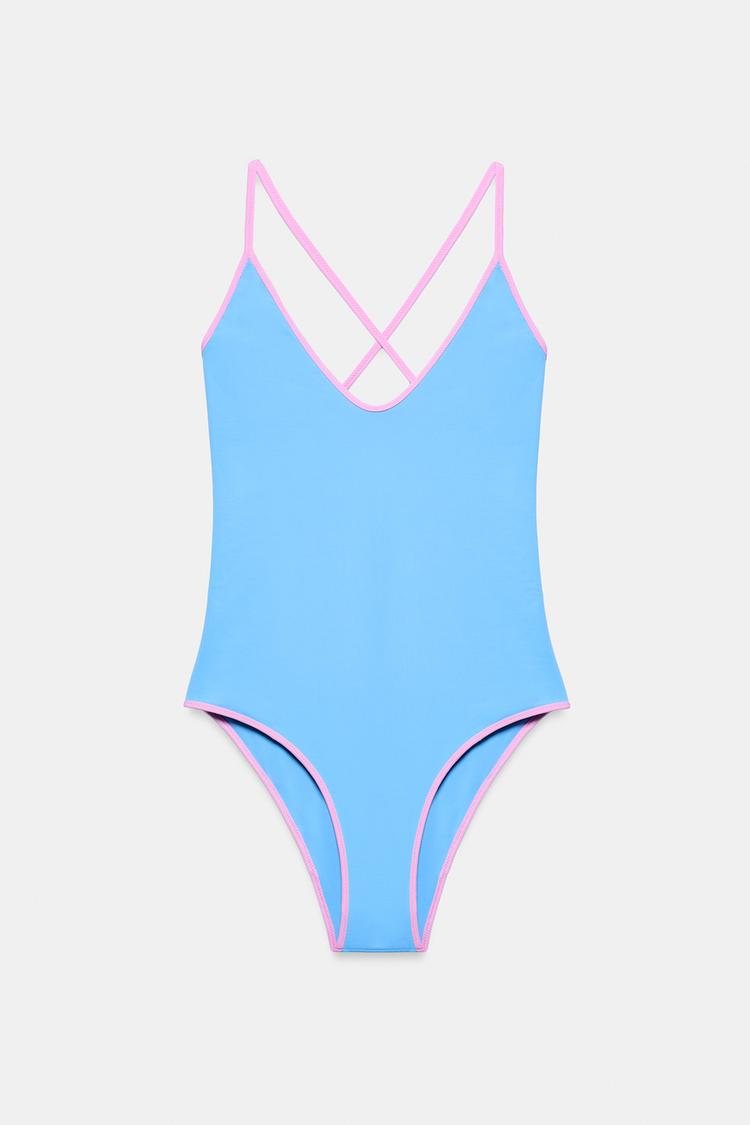 SOLID SWIMSUIT WITH CONTRAST STRAPS — Sky blue
