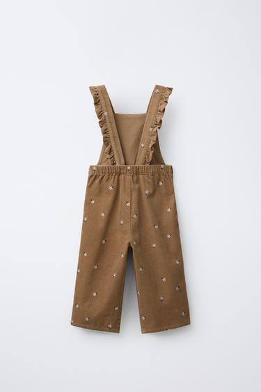 CORDUROY LONG DUNGAREES WITH EMBROIDERED FLOWERS - Mid-camel by Zara - Image 1