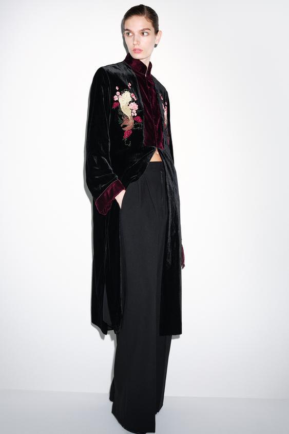Zara ZW COLLECTION EMBROIDERED VELVET COAT - Black - Image 0