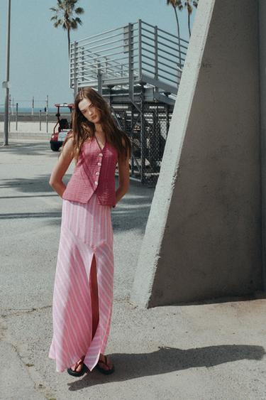 MIDI ROK MET LINNEN STREPEN - Roze / Wit van Zara