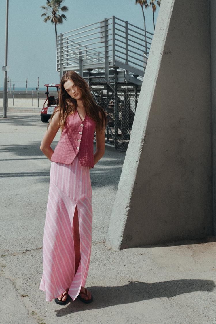 ÇİZGİLİ KETEN MİDİ ETEK