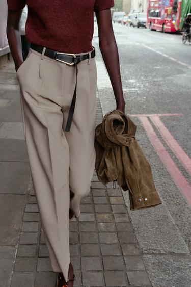 Zara STRAIGHT LEG PLEATED BELTED PANTS - 