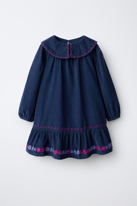 Zara EMBROIDERED FLORAL MICRO-CORDUROY DRESS - Blue - Image 0