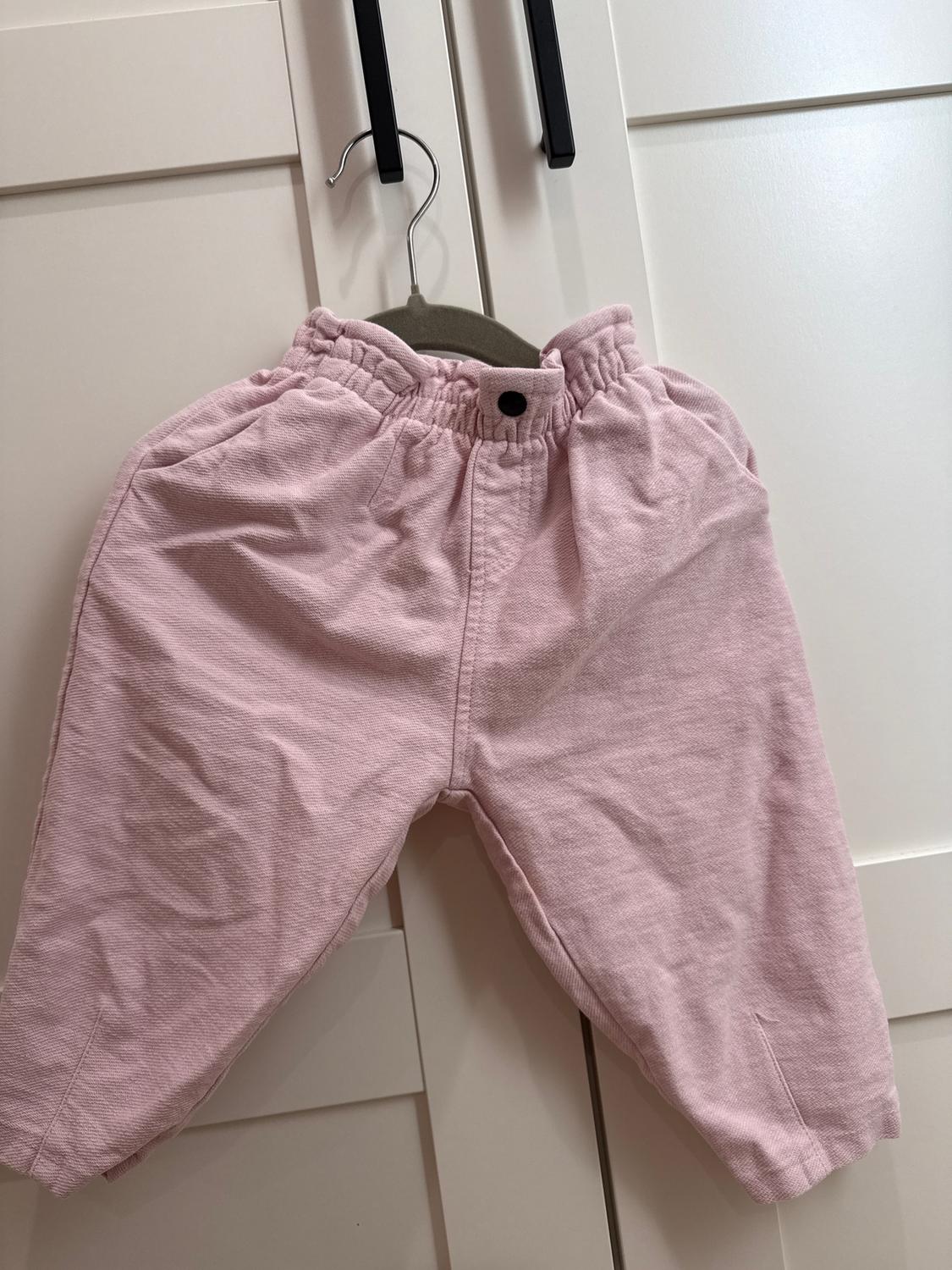 Pink soft fabric trousers hanging on a hanger in front of a white door with black handles.