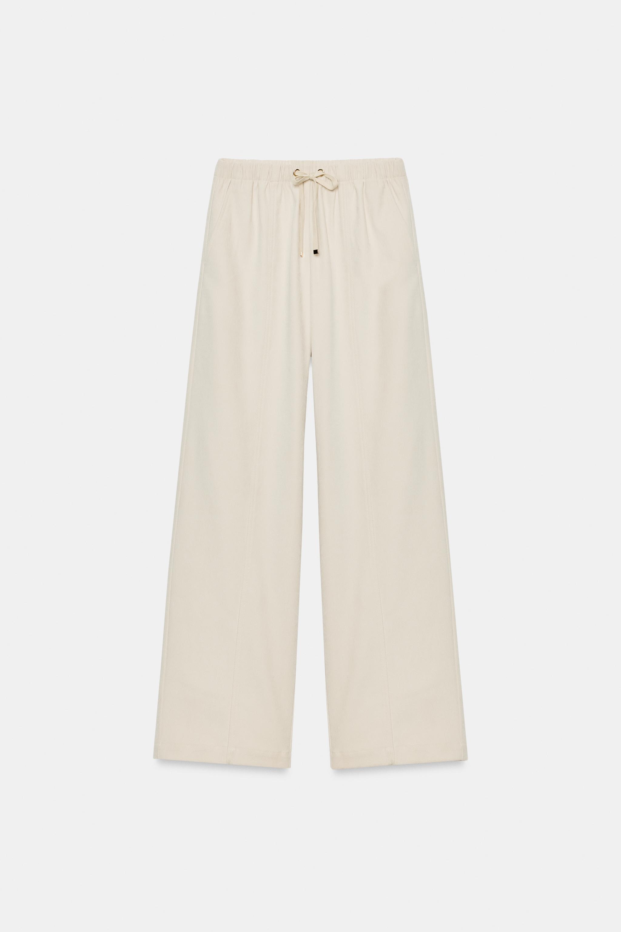 ELASTIC WAIST WIDE LEG TROUSERS — Ecru