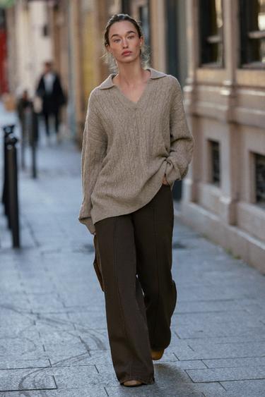 Zara CABLE KNIT POLO SWEATER - Mink marl - Image 0