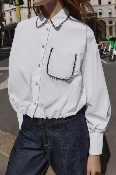 Zara BEADED POPLIN SHIRT - White