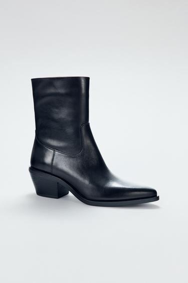 Zara LEATHER COWBOY ANKLE BOOTS - Black