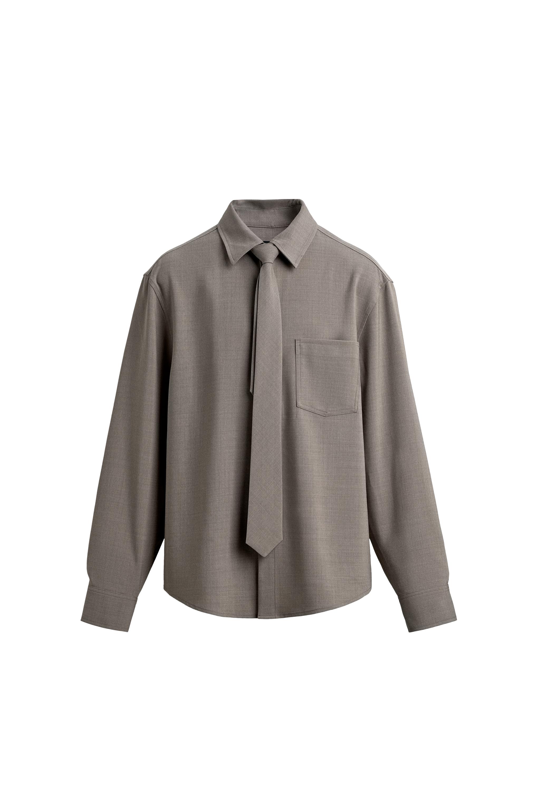 リラックスフィットコントラストネクタイシャツ - ライトグレー | ZARA