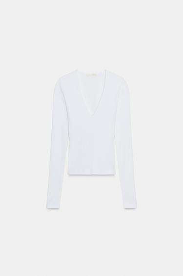 LONG SLEEVE RIBBED TOP - White by Zara