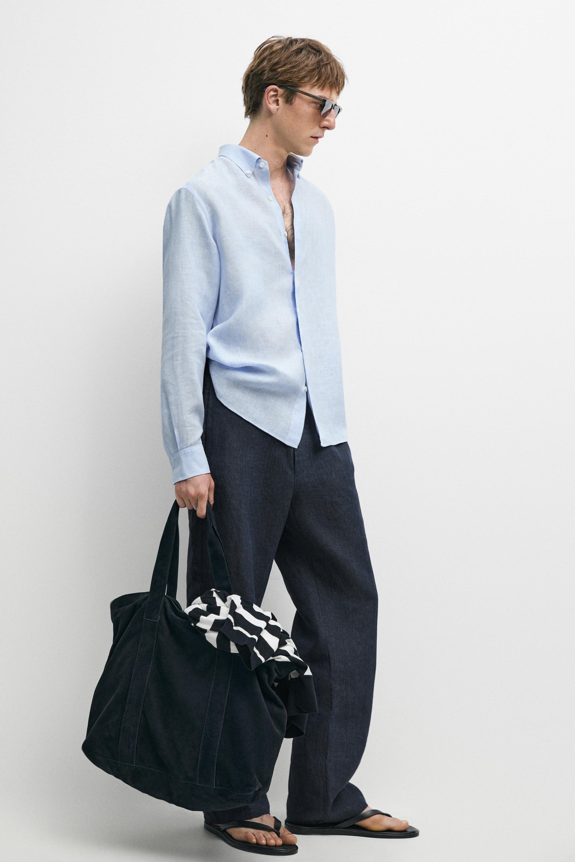 100% linen regular fit pinstriped shirt — Sky blue