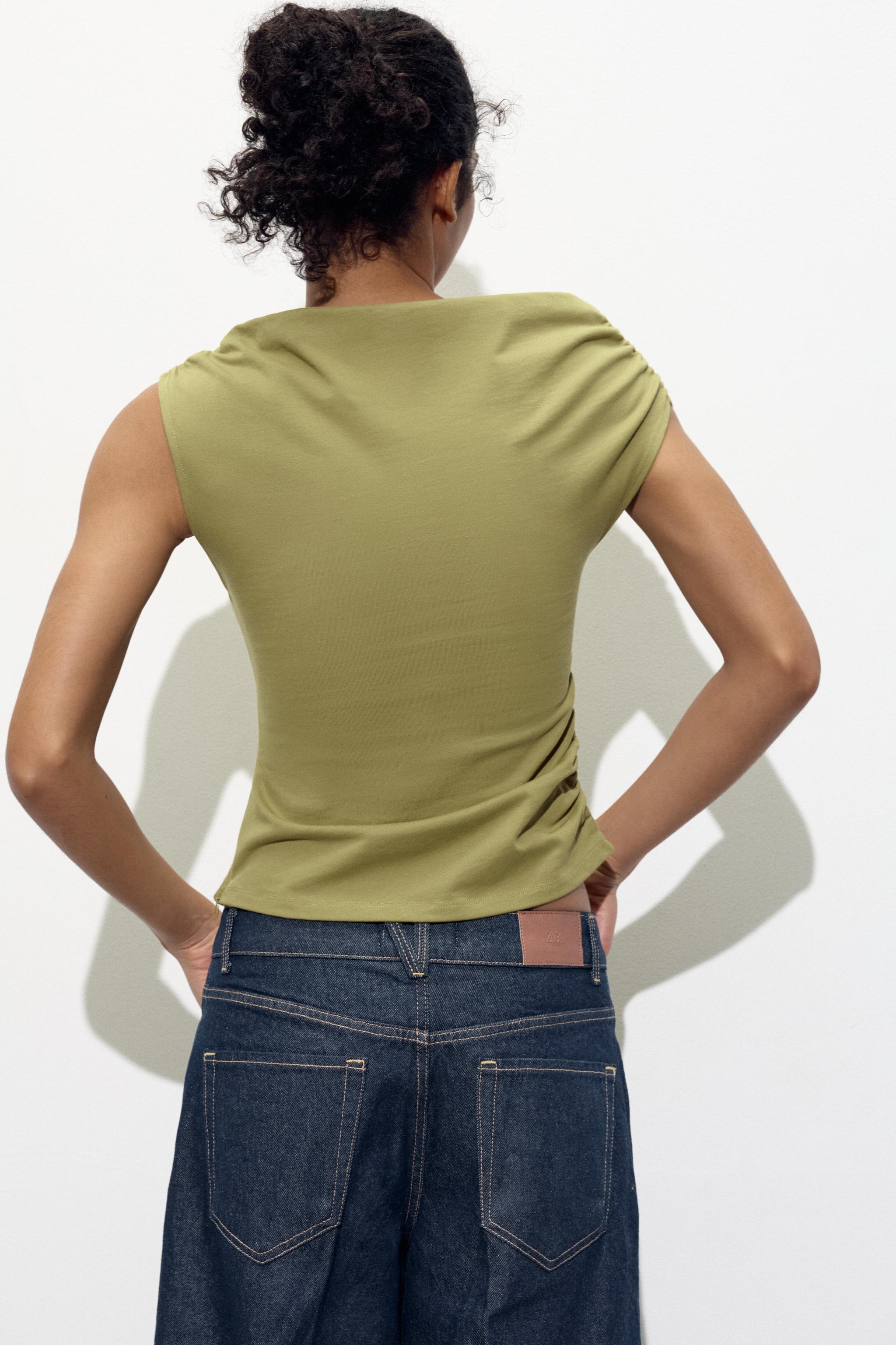 アシンメトリードレープTシャツ - オリーブグリーン | ZARA