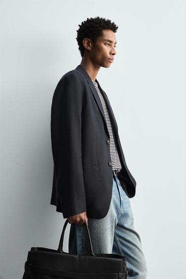 100% LINEN SUIT BLAZER - Navy blue by Zara - Image 6