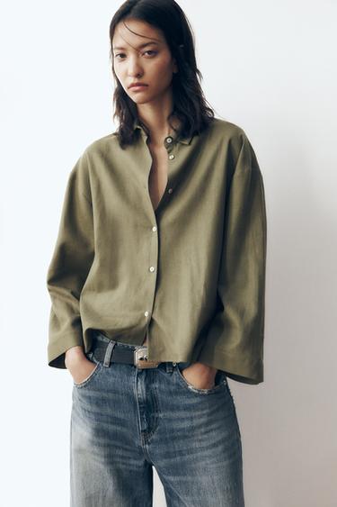 Zara OVERSIZED LINEN BLEND SHIRT - Light green