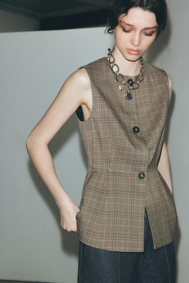 CHECKED PEPLUM WAISTCOAT - Brown by Zara - Image 0