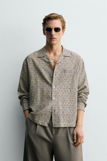 Zara GEOMETRIC PRINT RELAXED FIT SHIRT - Light green