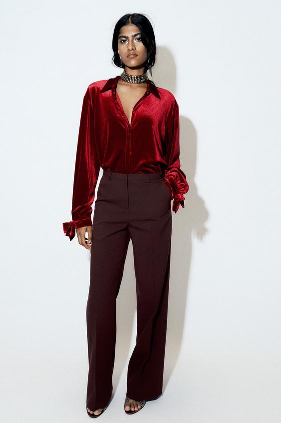 VELVET BLOUSE WITH BOWS - Burgundy by Zara - Image 0