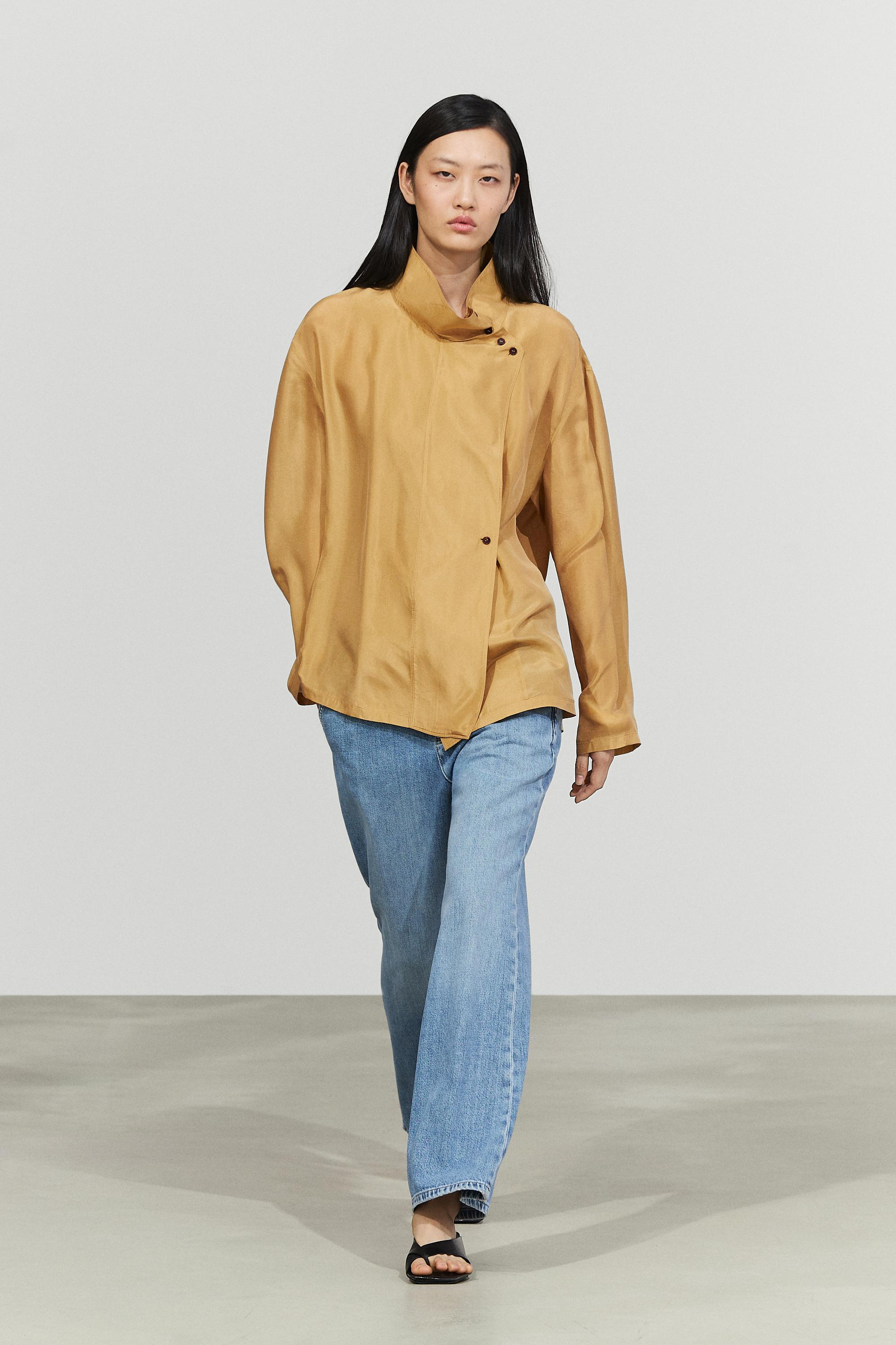 100% silk crossover mock neck shirt — Mustard