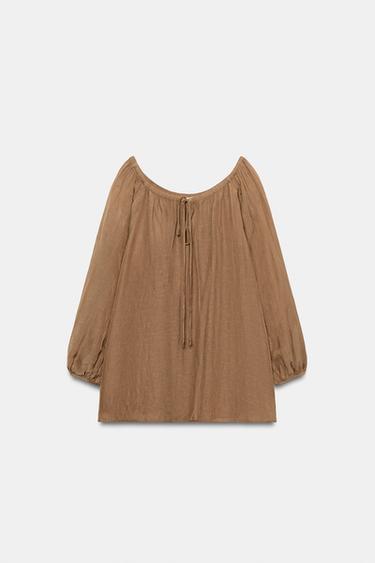 Zara LINEN BLEND BLOUSE ZW COLLECTION - Toffee