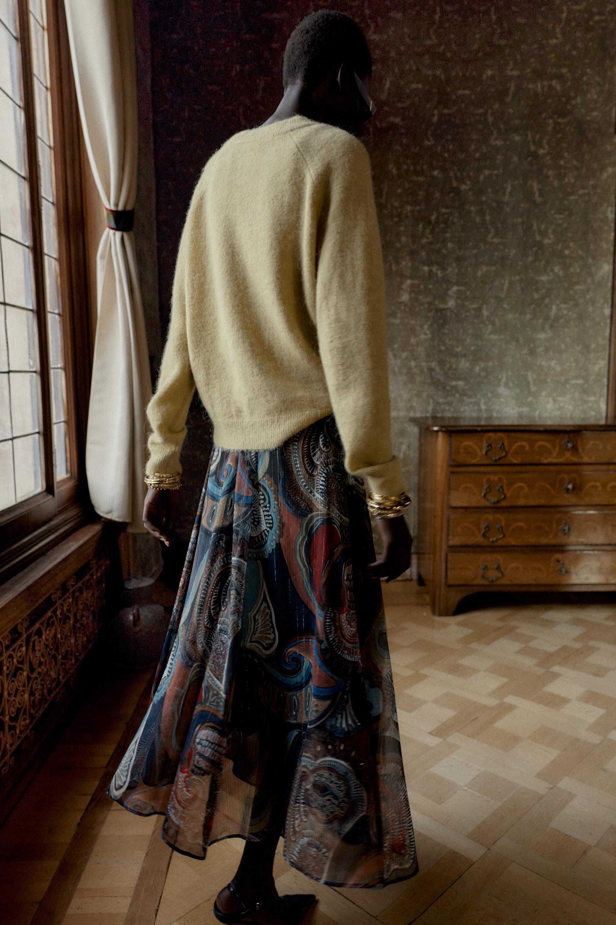 METALLIC THREAD PRINTED MIDI SKIRT WITH BELT