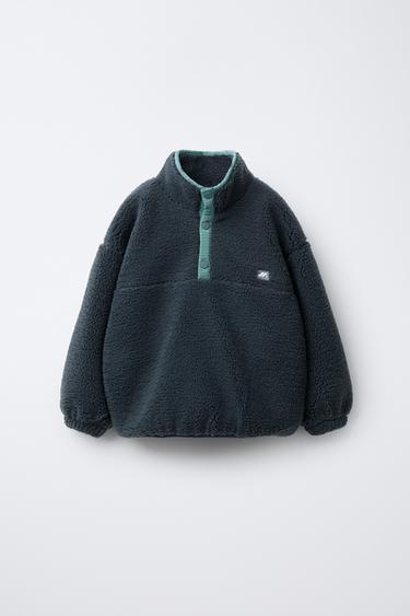 Zara FAUX SHEARLING SWEATER WITH RUBBERIZED LOGO - Blue