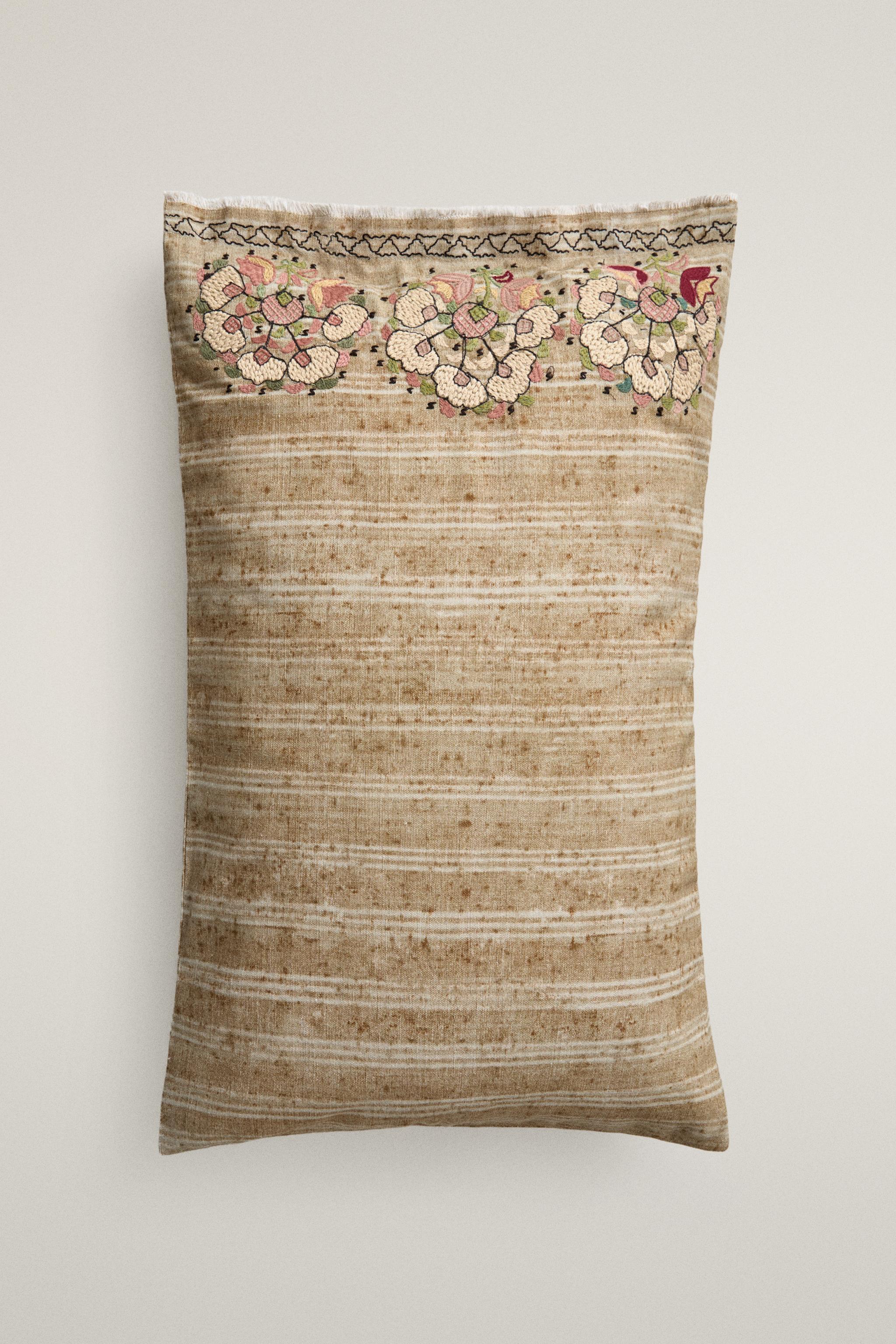 STRIPED FLORAL EMBROIDERED THROW PILLOW COVER