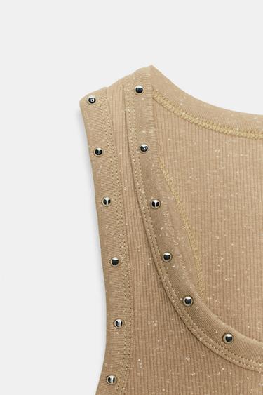 T-SHIRT WITH STUDS AND SLOGAN - Beige by Zara - Image 4