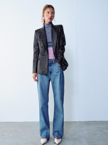 DOUBLE-BREASTED LEATHER EFFECT BLAZER — Brown 1