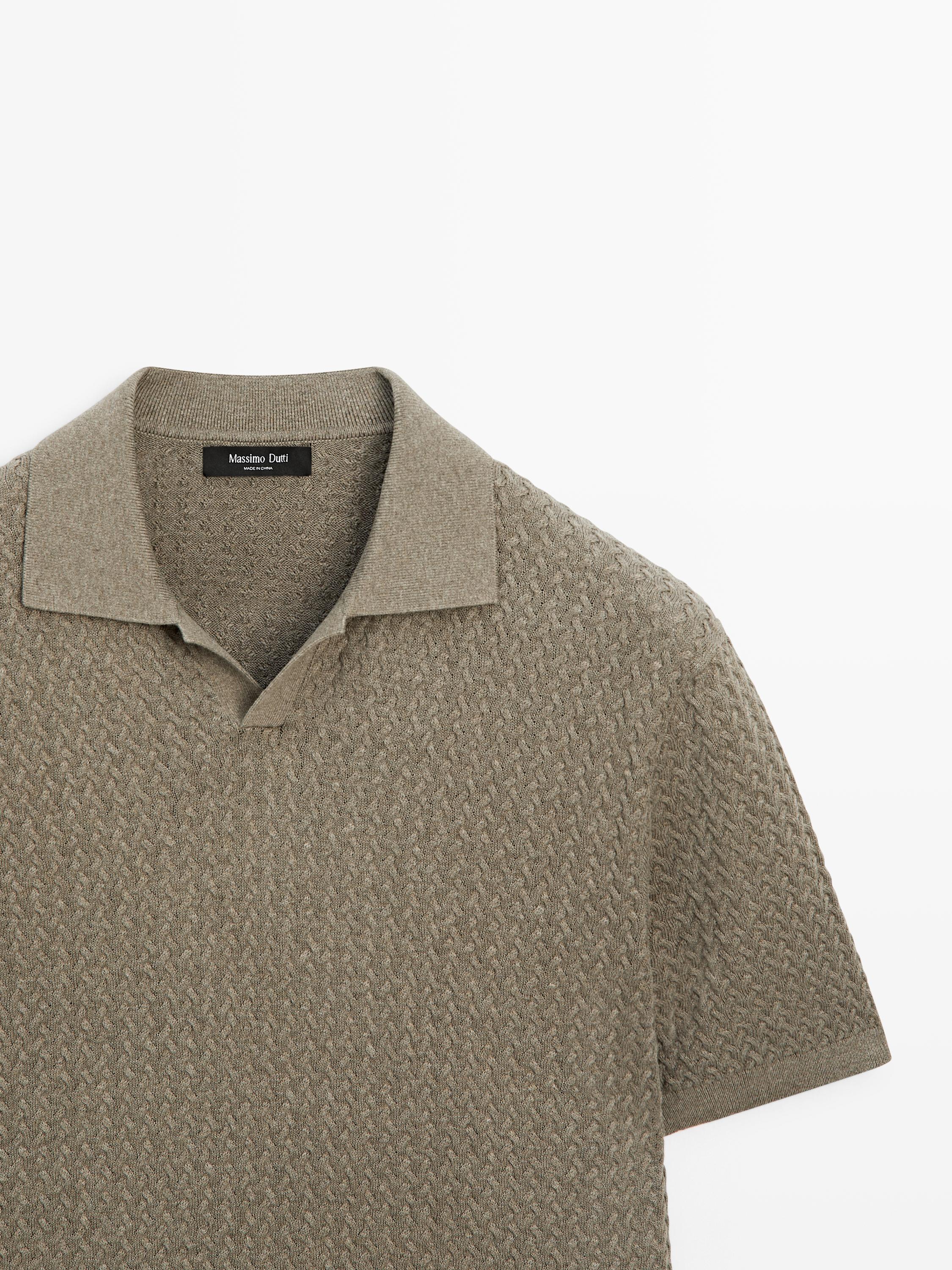 Cable-knit V-neck polo shirt
