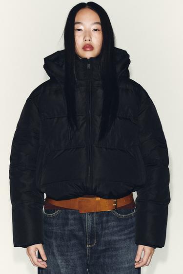 Zara 防潑水防風短版連帽派克外套 - 黑色