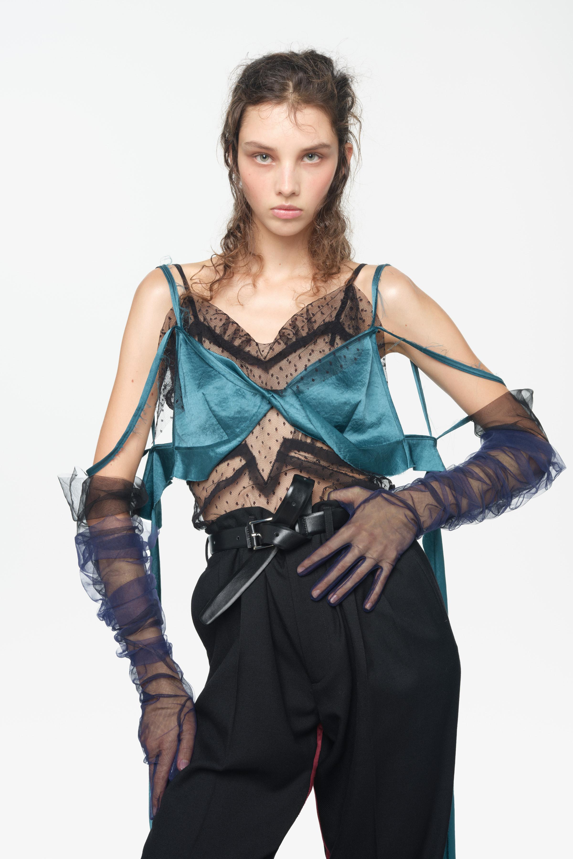 LIMITED EDITION DOTTED MESH RUFFLE TOP