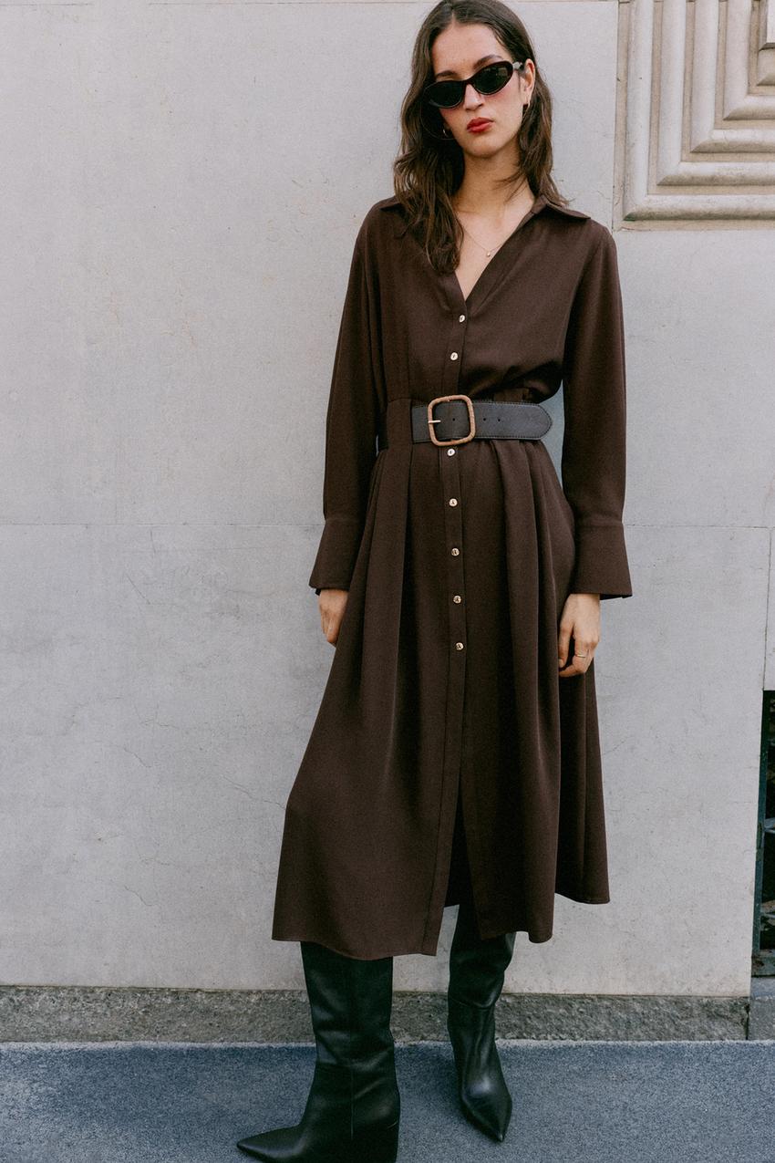 BELTED MIDI SHIRT DRESS - Brown
