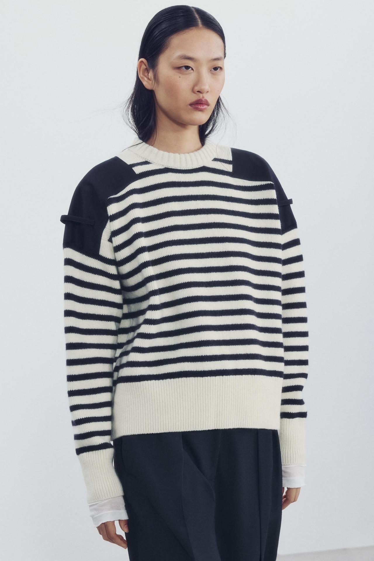 WOOL SWEATER WITH CONTRAST SHOULDERS — striped