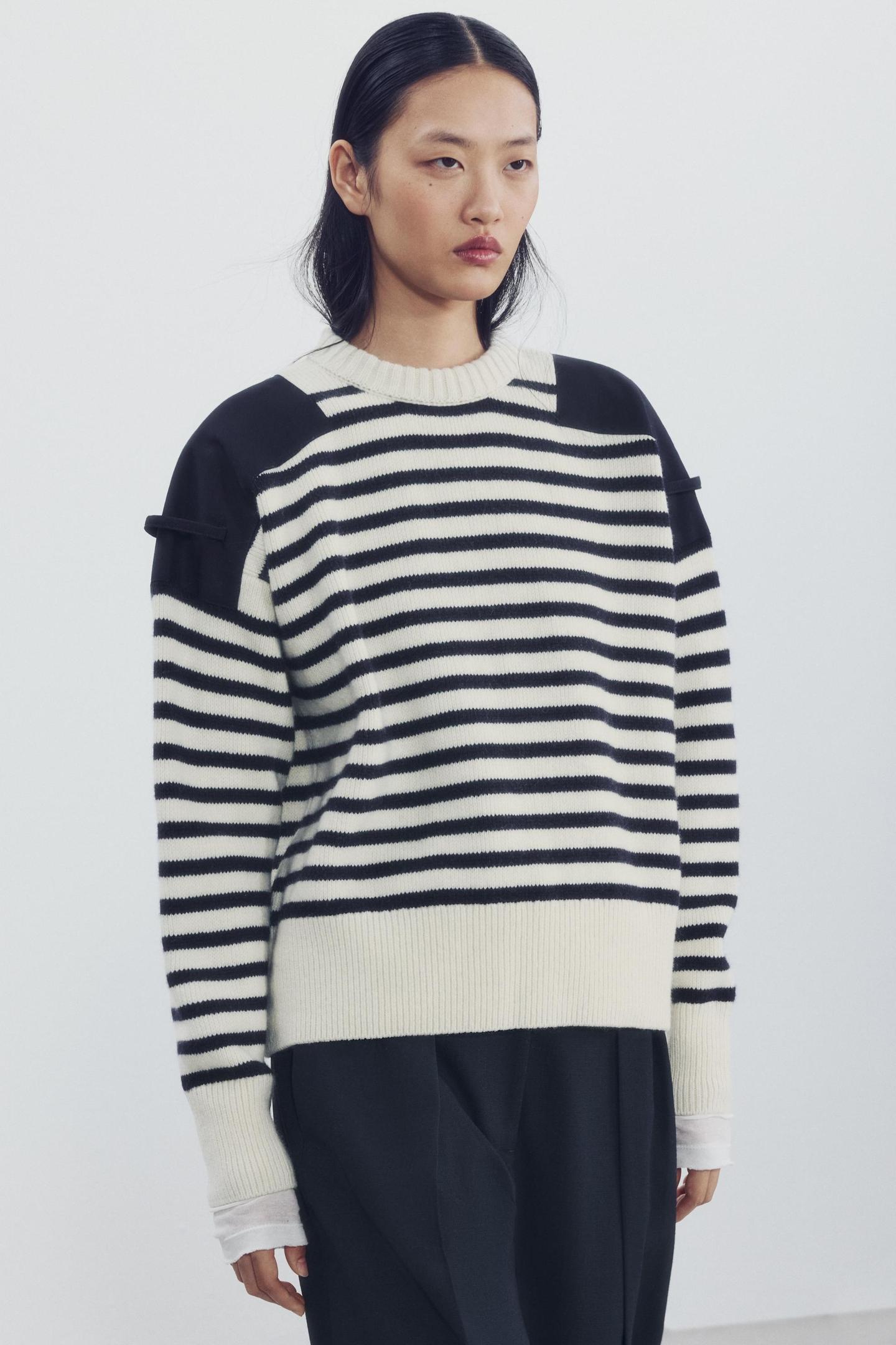 Женский свитер Zara Wool Sweater with Contrast Shoulders, цвет: Полосатый — фото 2