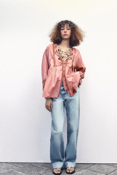 CAMISA COM BORDADOS EM CONTRASTE - MARSALA da Zara - Imagem 0