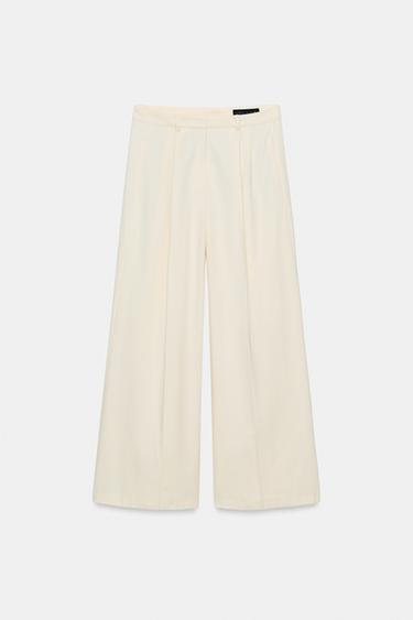 Zara ZW COLLECTION PLEATED WIDE LEG PANTS - Ecru