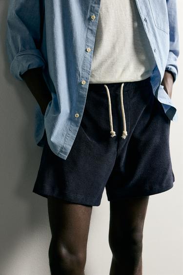 Zara 休閒版毛巾布短褲 - 海藍色
