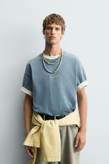 WASHED GRAPHIC T-SHIRT - Faded blue by Zara