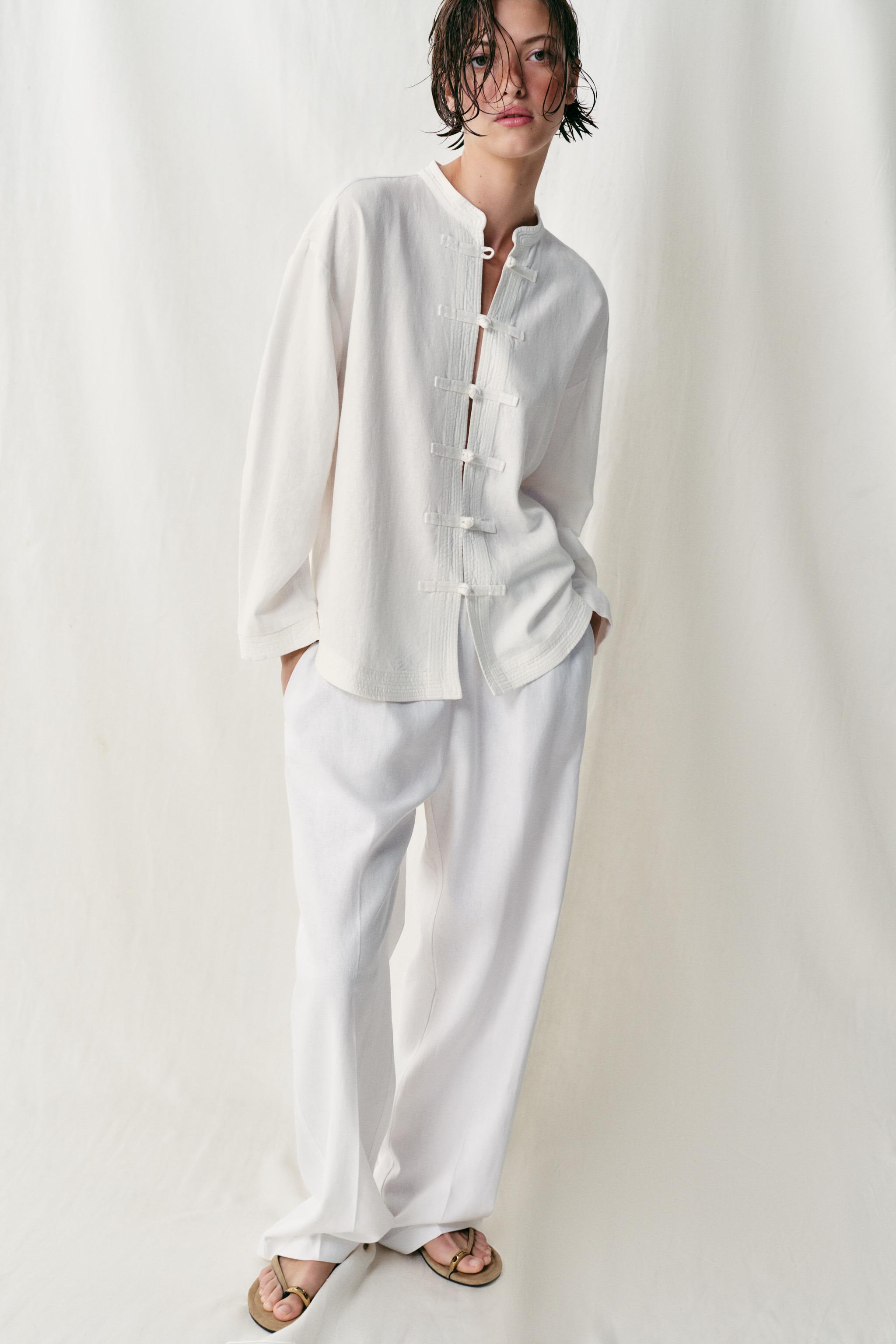 Женские рубашки Zara LINEN OVERSIZED SHIRT WITH FROG FASTENING