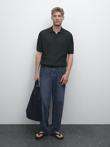 Zara Cutwork V-neck polo shirt - Navy blue - Image 0
