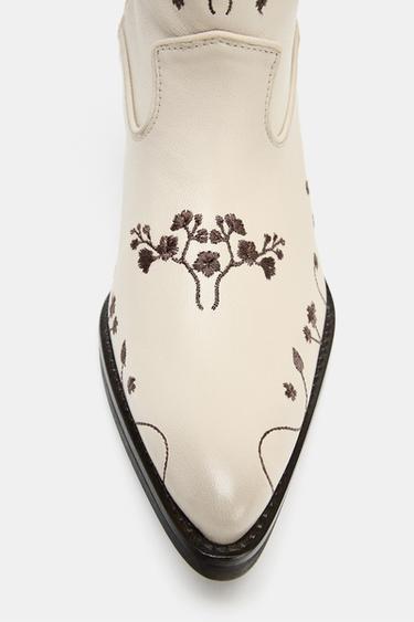 LEATHER COWBOY ANKLE BOOTS WITH EMBROIDERED FLOWERS - white by Zara - Image 6