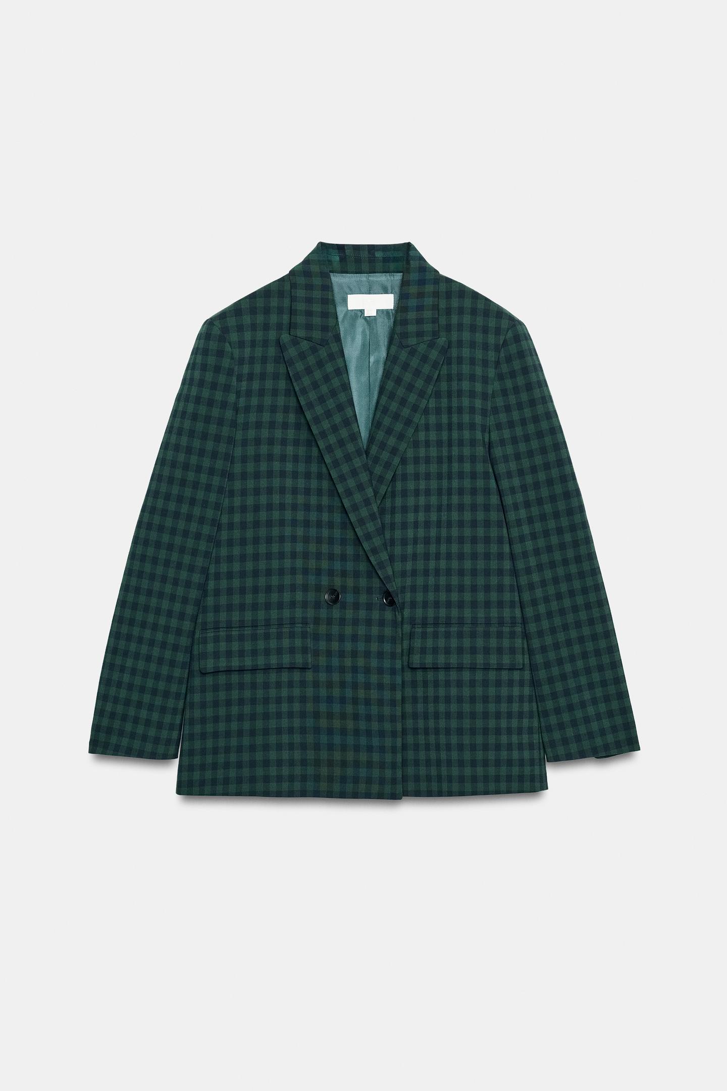 Женский пиджак Zara Checked Double-Breasted, цвет: Зелёный / Синий — фото 1