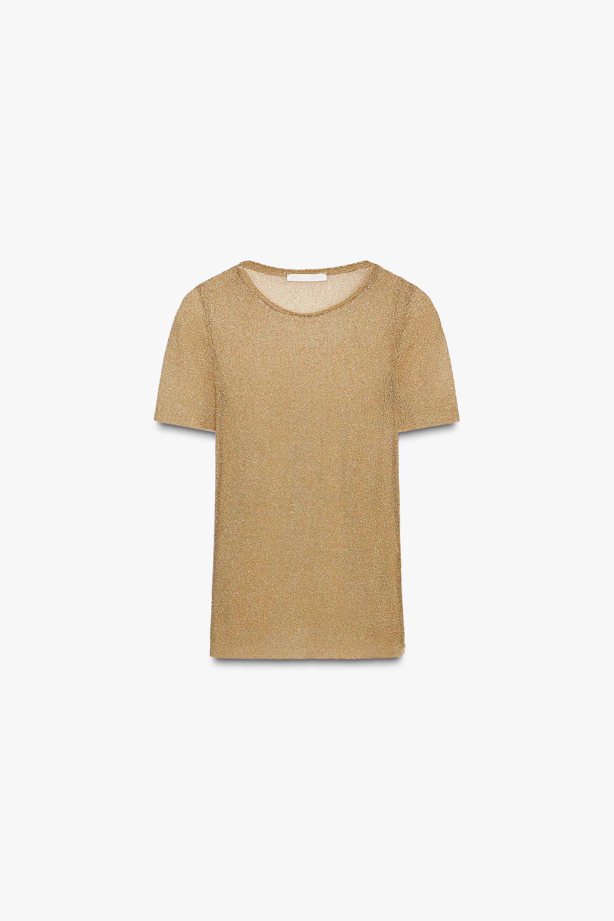 Golden ｜SHORT-SLEEVED ROUND NECK T-SHIRTS (GMP0122 METALLIC SHORT SLEEVE T-SHIRT - Gold | ZARA India