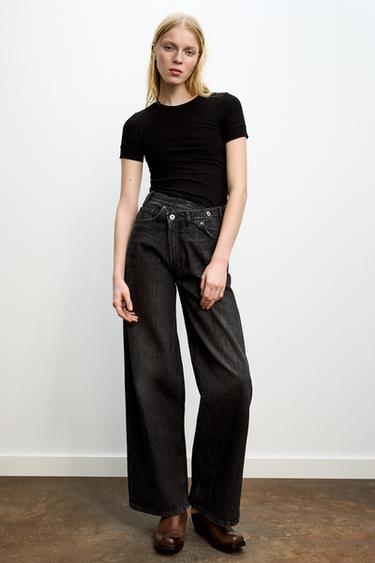 Zara TRF HIGH WAIST CROSSOVER WAIST WIDE LEG JEANS - Black