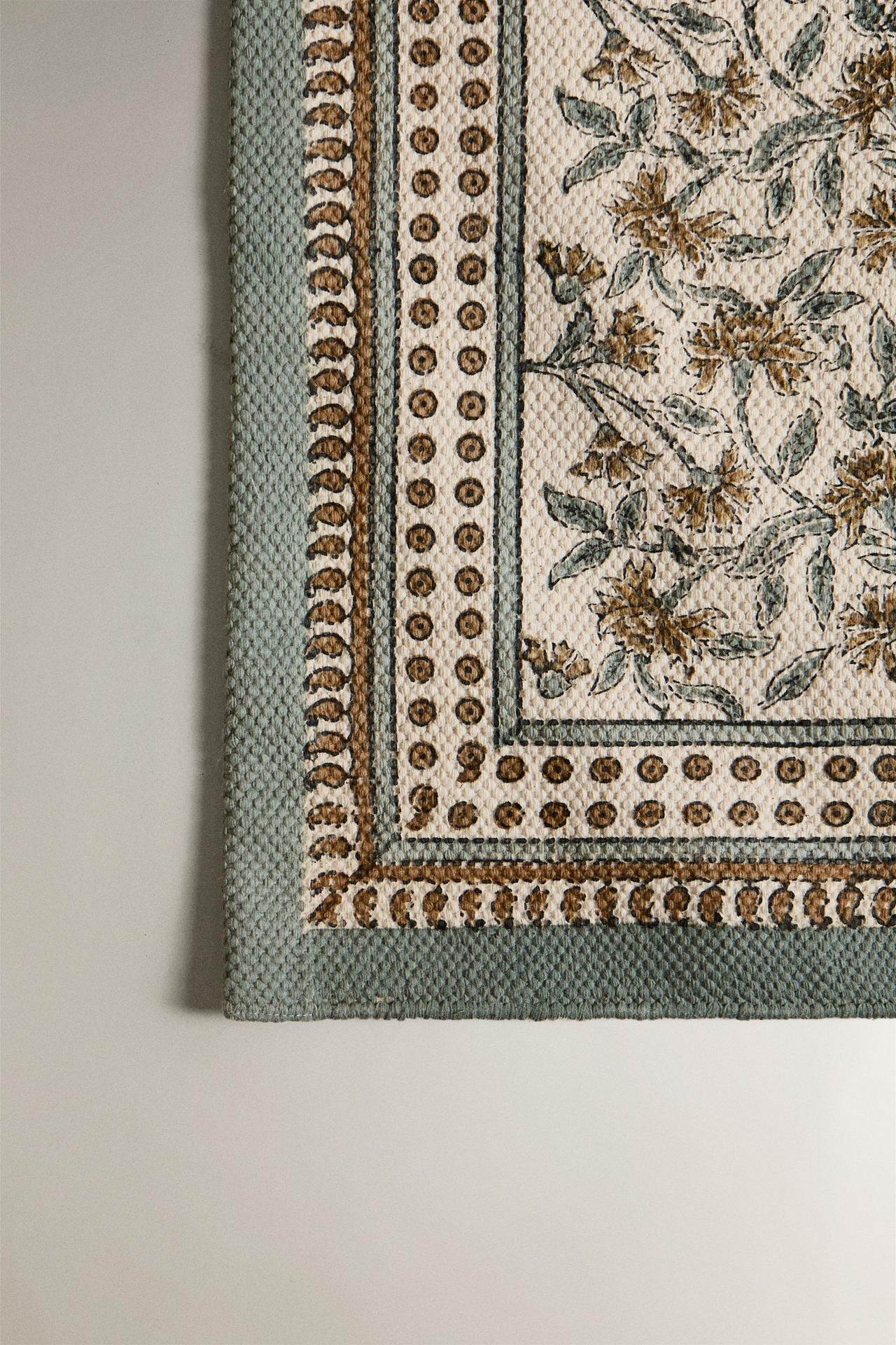 FLORAL BLOCK PRINT RUG — Light blue