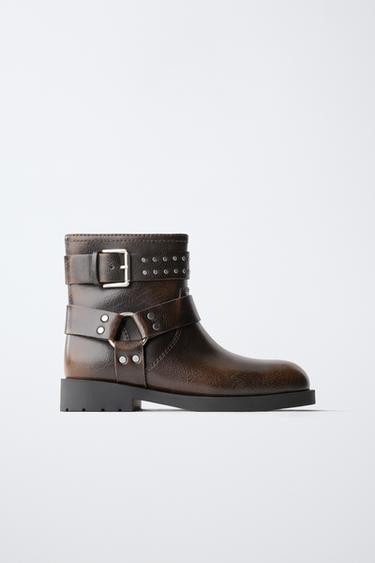 Zara STUDDED DOUBLE BUCKLE ANKLE BOOTS - Brown