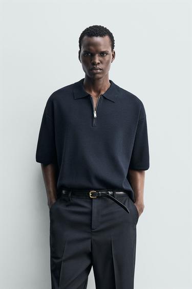 POLO EN MAILLE À ZIP - Bleu marine foncé de Zara