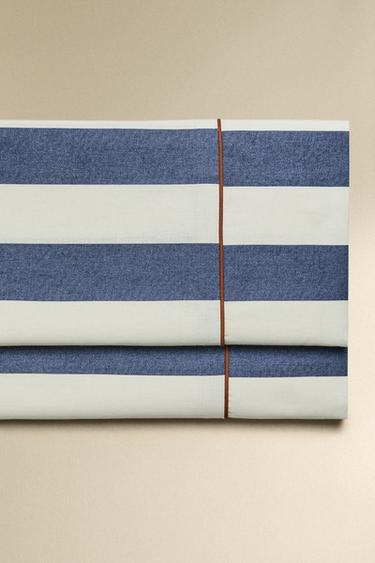 STRIPED WASHED COTTON FLAT SHEET - Blue by Zara