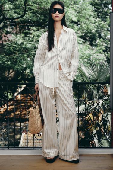 Zara ZW COLLECTION 寬鬆版條紋襯衫 - 白色