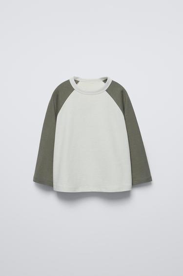 Zara OVERSIZED CONTRAST SLEEVE T-SHIRT - GREENISH